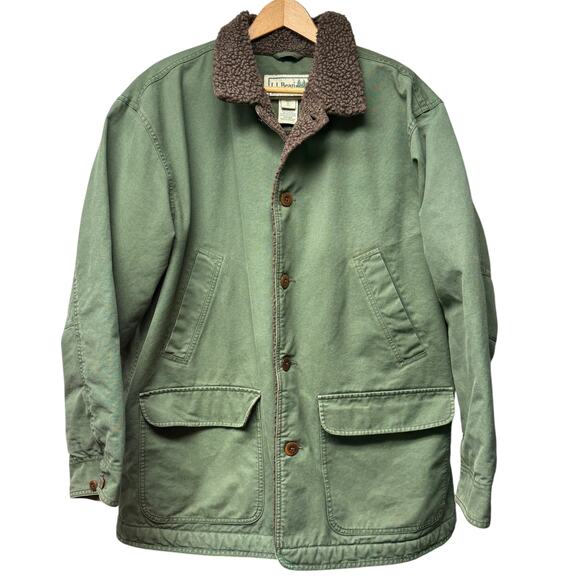 Vintage LL Bean Chore Jacket Men's XL Green Canvas Field Barn Coat Sherpa Lined - Picture 1 of 8
